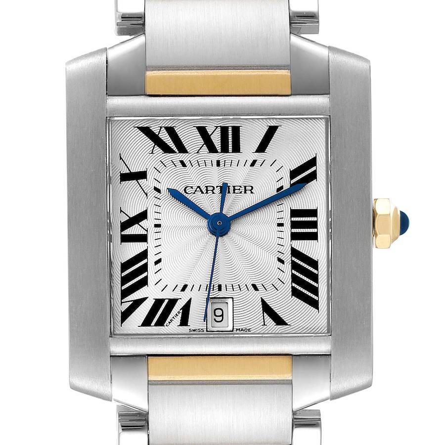The image shows a top-front view of the Cartier Tank Francaise W51005Q4 Women's Steel and Gold (two tone) Silver Dial W51005Q4 Women's Steel and Gold (two tone) Silver Dial watch, highlighting its face, bezel, and part of the bracelet.