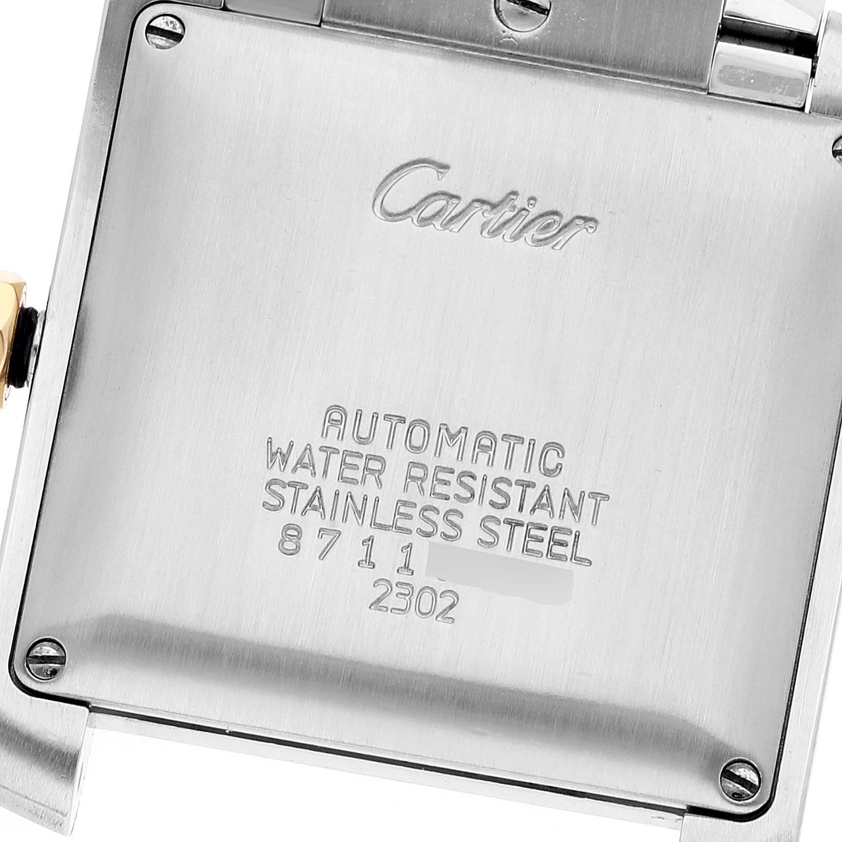 The image shows the back case of the Cartier Tank Française watch, highlighting details such as the brand, model, and features.