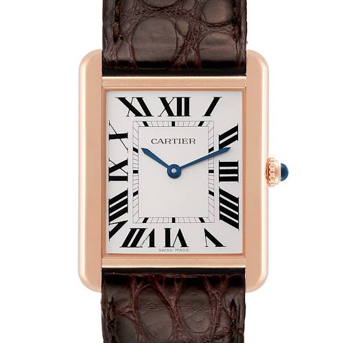 The image shows a frontal view of the Cartier Tank Solo W5200025 Men's Steel and Gold (two tone) Silver Dial W5200025 Men's Steel and Gold (two tone) Silver Dial watch, focusing on the face, hands, and part of the leather strap.