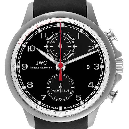 The image shows a front view of an IWC Portuguese IW390212 Men's Titanium Black Dial IW390212 Men's Titanium Black Dial Yacht Club watch, displaying its dial, hands, and pushers.