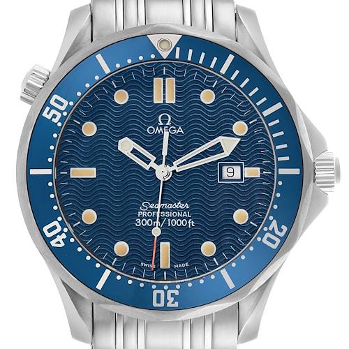The Omega Seamaster 2541.80.00 Men's Stainless Steel Blue Dial 2541.80.00 Men's Stainless Steel Blue Dial watch is shown from a front angle, highlighting the dial, hands, bezel, and part of the bracelet.