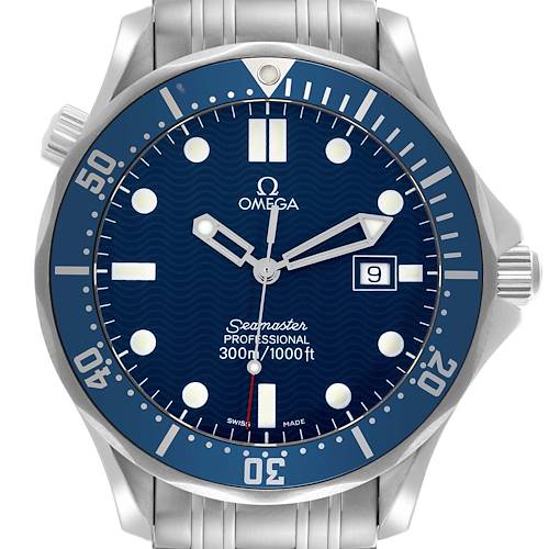 The Omega Seamaster 2541.80.00 Men's Stainless Steel Blue Dial 2541.80.00 Men's Stainless Steel Blue Dial watch is shown from the front, highlighting the blue dial, bezel, hour markers, and bracelet.