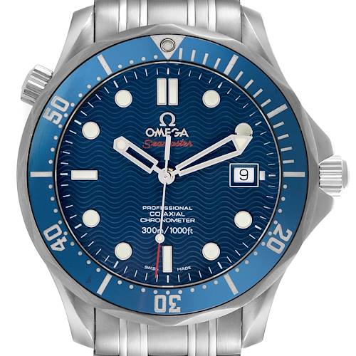 The Omega Seamaster 2220.80.00 Men's Stainless Steel Blue Dial 2220.80.00 Men's Stainless Steel Blue Dial watch is shown from a front angle, highlighting the blue dial, bezel, hands, markers, date window, and stainless steel bracelet.