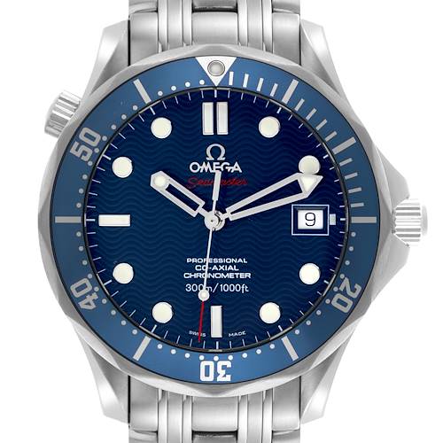 The Omega Seamaster 2220.80.00 Men's Stainless Steel Blue Dial 2220.80.00 Men's Stainless Steel Blue Dial watch is shown from a front angle, highlighting the dial, bezel, and part of the bracelet.