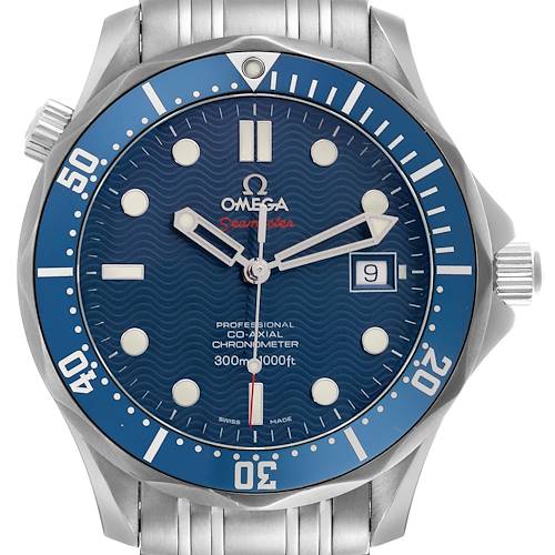 The Omega Seamaster 2220.80.00 Men's Stainless Steel Blue Dial 2220.80.00 Men's Stainless Steel Blue Dial watch is shown from the front, highlighting the blue dial, bezel, and stainless steel bracelet.