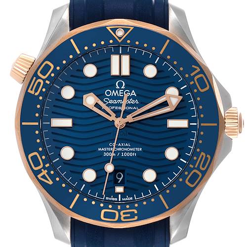 The Omega Seamaster 210.22.42.20.03.002 Men's Steel and Gold (two tone) Blue Dial 210.22.42.20.03.002 Men's Steel and Gold (two tone) Blue Dial watch is shown from the front, focusing on the dial, bezel, and blue strap.