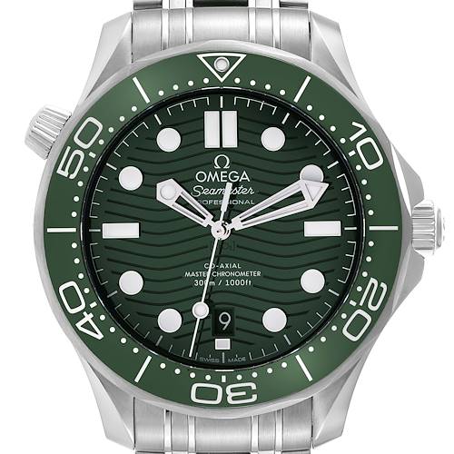 The image shows a frontal view of the Omega Seamaster 210.30.42.20.10.001 Men's Stainless Steel Green Dial 210.30.42.20.10.001 Men's Stainless Steel Green Dial watch, highlighting its green bezel, dial, and stainless steel strap.