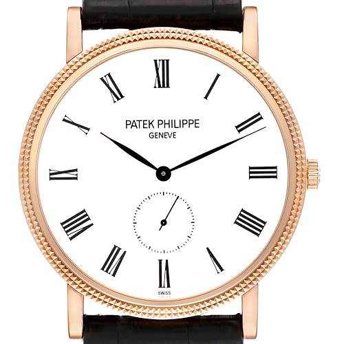 This image showcases a straight-on view of a Patek Philippe Calatrava 5119R-001 Men's Rose Gold White Dial 5119R-001 Men's Rose Gold White Dial watch, highlighting its face, case, crown, and part of the strap.