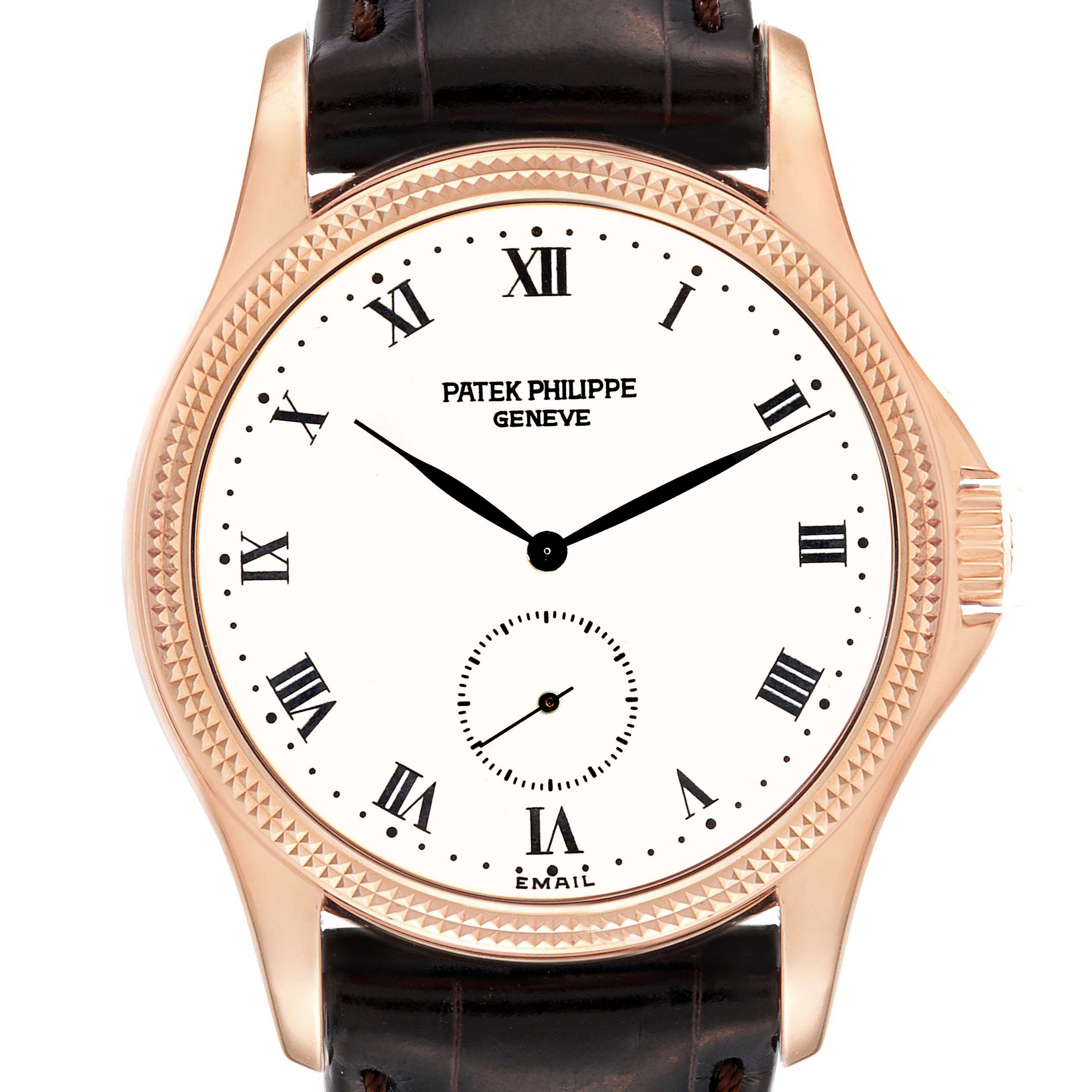 This image shows a frontal view of the Patek Philippe Calatrava 5115R-001 Men's Rose Gold White Dial 5115R-001 Men's Rose Gold White Dial watch, highlighting the dial, hands, and part of the strap.
