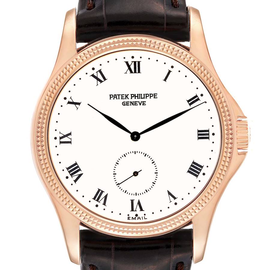 This image shows a frontal view of the Patek Philippe Calatrava 5115R-001 Men's Rose Gold White Dial 5115R-001 Men's Rose Gold White Dial watch, highlighting the dial, hands, and part of the strap.