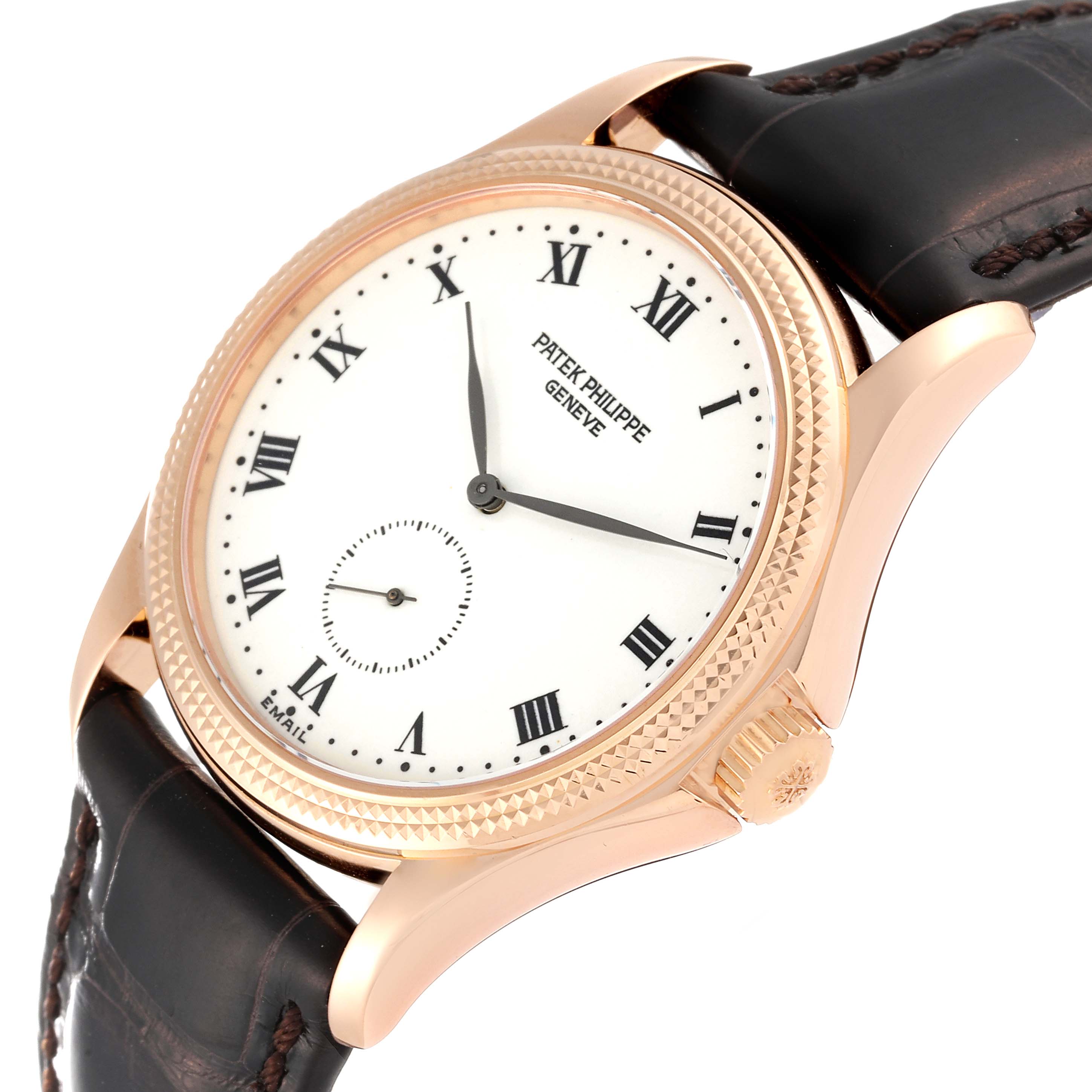 This image shows a Patek Philippe Calatrava 5115R-001 Men's Rose Gold White Dial 5115R-001 Men's Rose Gold White Dial watch from a front angle, highlighting its dial, bezel, crown, and strap.
