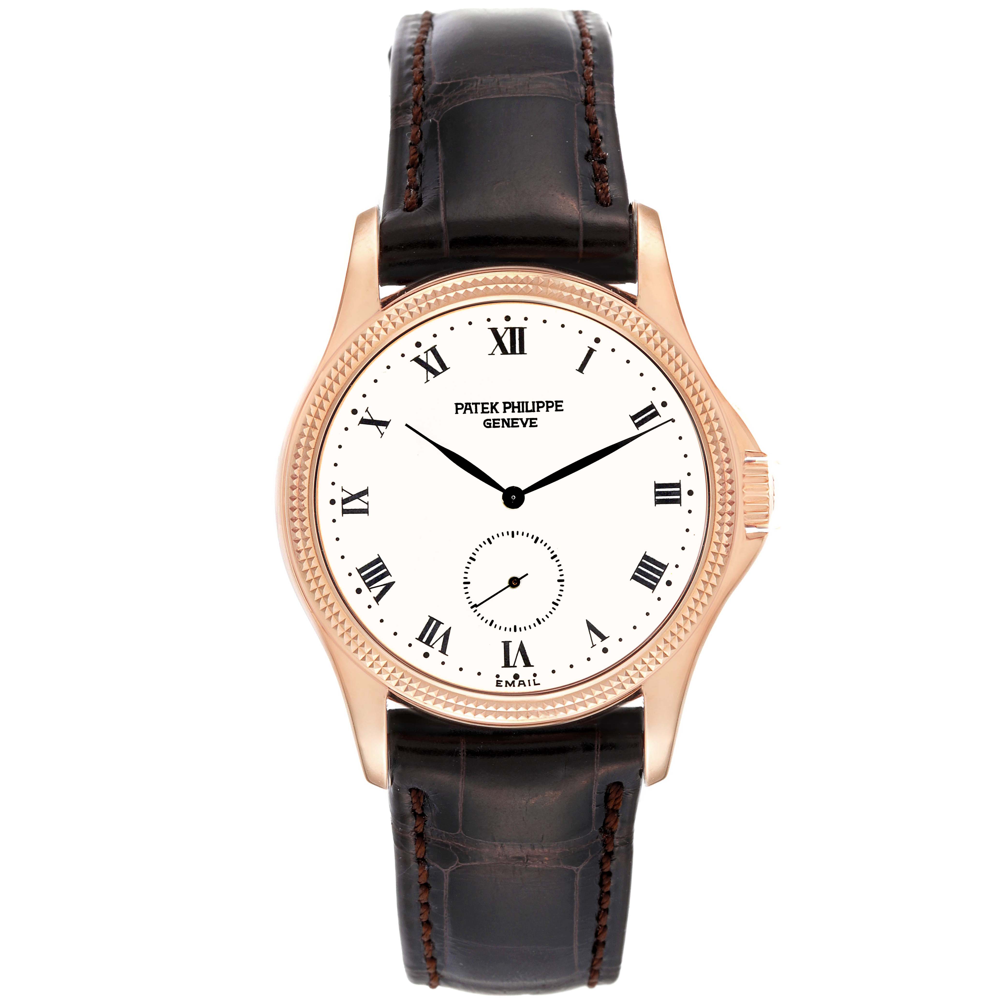 The image shows a front-on view of a Patek Philippe Calatrava 5115R-001 Men's Rose Gold White Dial 5115R-001 Men's Rose Gold White Dial watch, highlighting its dial, hour markers, and strap.