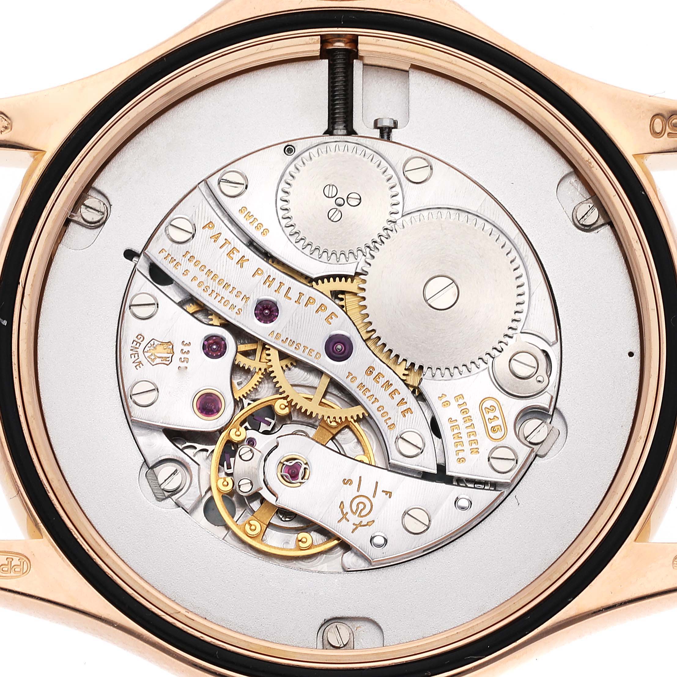 The image shows the movement mechanism of a Patek Philippe Calatrava 5115R-001 Men's Rose Gold White Dial 5115R-001 Men's Rose Gold White Dial model from a top-down angle.