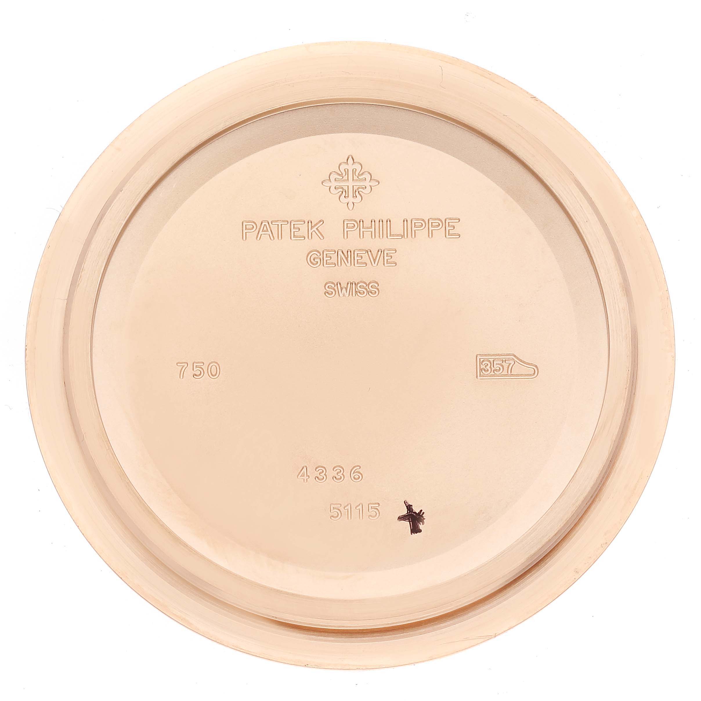 This image shows the inside case back of a Patek Philippe Calatrava 5115R-001 Men's Rose Gold White Dial 5115R-001 Men's Rose Gold White Dial watch, featuring engraved details.