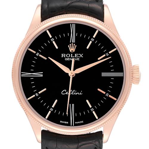 This image shows a front view of the Rolex Cellini 50505 Men's Rose Gold Black Dial 50505 Men's Rose Gold Black Dial watch, highlighting its face, crown, and part of the leather strap.