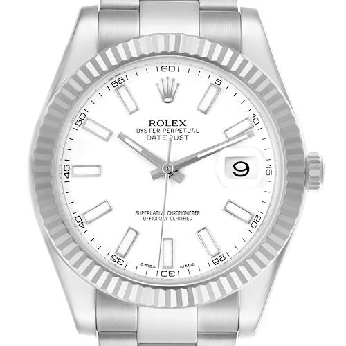 The Rolex Datejust 41 116334 Men's Stainless Steel White Dial 116334 Men's Stainless Steel White Dial watch is shown from the front, highlighting its dial, bezel, case, and bracelet.