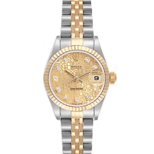 This Rolex Datejust 69173 Women's Steel and Gold (two tone) Champagne Dial 69173 Women's Steel and Gold (two tone) Champagne Dial watch is shown from a front angle, highlighting the gold patterned dial, diamond markers, fluted bezel, and two-tone bracelet.