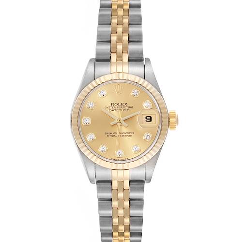 The Rolex Datejust 79173 Women's Steel and Gold (two tone) Champagne Dial 79173 Women's Steel and Gold (two tone) Champagne Dial watch is shown from the front, highlighting the dial, bezel, and bracelet.
