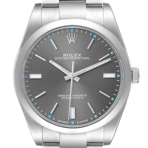 This image shows a front view of a Rolex Oyster Perpetual 114300 Men's Stainless Steel Grey Dial 114300 Men's Stainless Steel Grey Dial watch, highlighting its face, hands, crown, and bracelet.
