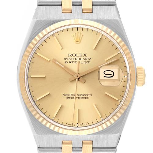 Front view of a Rolex Oysterquartz 17013 Men's Steel and Gold (two tone) Champagne Dial 17013 Men's Steel and Gold (two tone) Champagne Dial watch showing the dial, hands, date window, crown, and part of the bracelet.