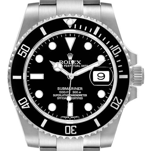 The image shows a frontal view of a Rolex Submariner 116610 Men's Stainless Steel Black Dial 116610 Men's Stainless Steel Black Dial watch, highlighting the dial, bezel, and part of the bracelet.