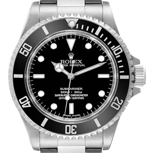 This image shows a front view of a Rolex Submariner 14060M Men's Stainless Steel Black Dial 14060M Men's Stainless Steel Black Dial watch featuring its black dial, bezel, and crown.