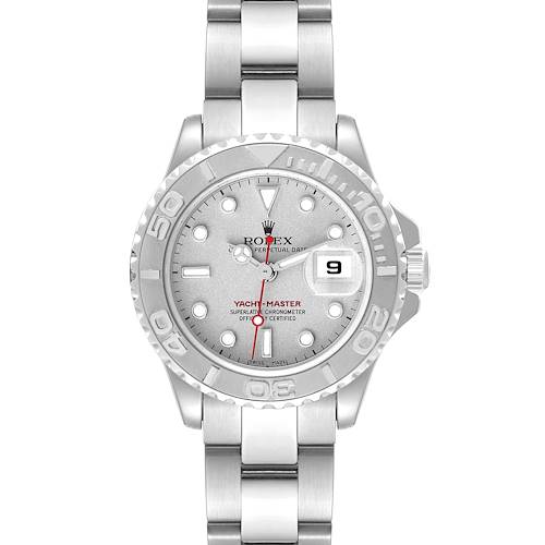 The image shows a Rolex Yacht-Master 169622 Women's Stainless Steel Silver Dial 169622 Women's Stainless Steel Silver Dial watch from a front angle, displaying the dial, bezel, bracelet, and date window.