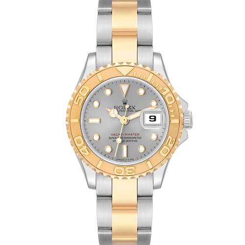This Rolex Yacht-Master 69623 Women's Steel and Gold (two tone) Grey Dial 69623 Women's Steel and Gold (two tone) Grey Dial watch is shown from a top view, displaying the dial, bezel, and bracelet.