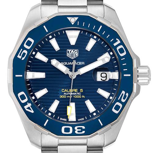 The image shows a front view of the Tag Heuer Aquaracer WAY201B Men's Stainless Steel Blue Dial WAY201B Men's Stainless Steel Blue Dial watch, highlighting its dial, bezel, and metal bracelet.
