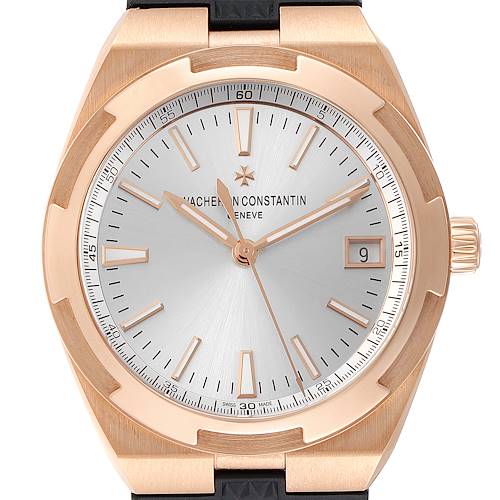The image shows the dial, bezel, and crown of the Vacheron Constantin Overseas 4500V/000R-B127 Men's Rose Gold Silver Dial 4500V/000R-B127 Men's Rose Gold Silver Dial watch, viewed from the front.