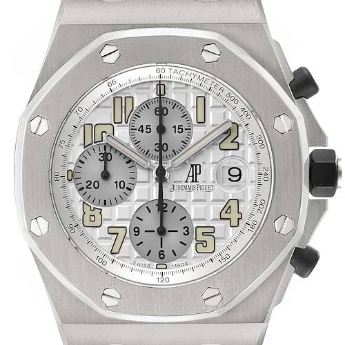 The image shows a front view of the Audemars Piguet Royal Oak Offshore 25721TI.OO.1000TI.05 Men's Titanium Silver Dial 25721TI.OO.1000TI.05 Men's Titanium Silver Dial watch, highlighting the dial, subdials, and bezel.