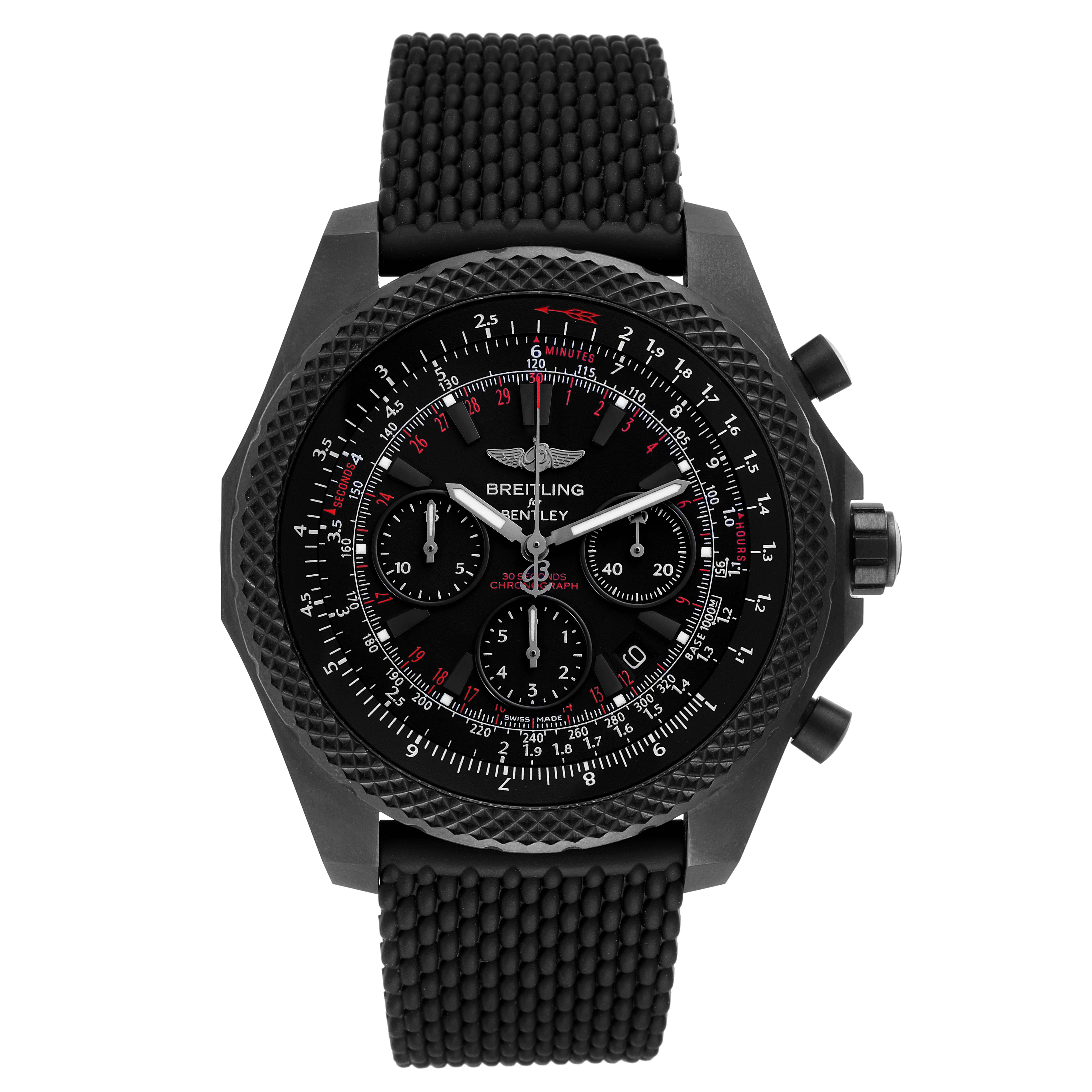 The image shows a front view of a Breitling Bentley V25367 Men's Titanium Black Dial V25367 Men's Titanium Black Dial watch, featuring the face, bezel, and part of the strap.