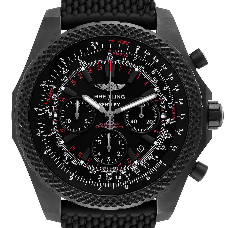 This image shows a front view of a Breitling Bentley V25367 Men's Titanium Black Dial V25367 Men's Titanium Black Dial watch, featuring its face, bezel, and side buttons.