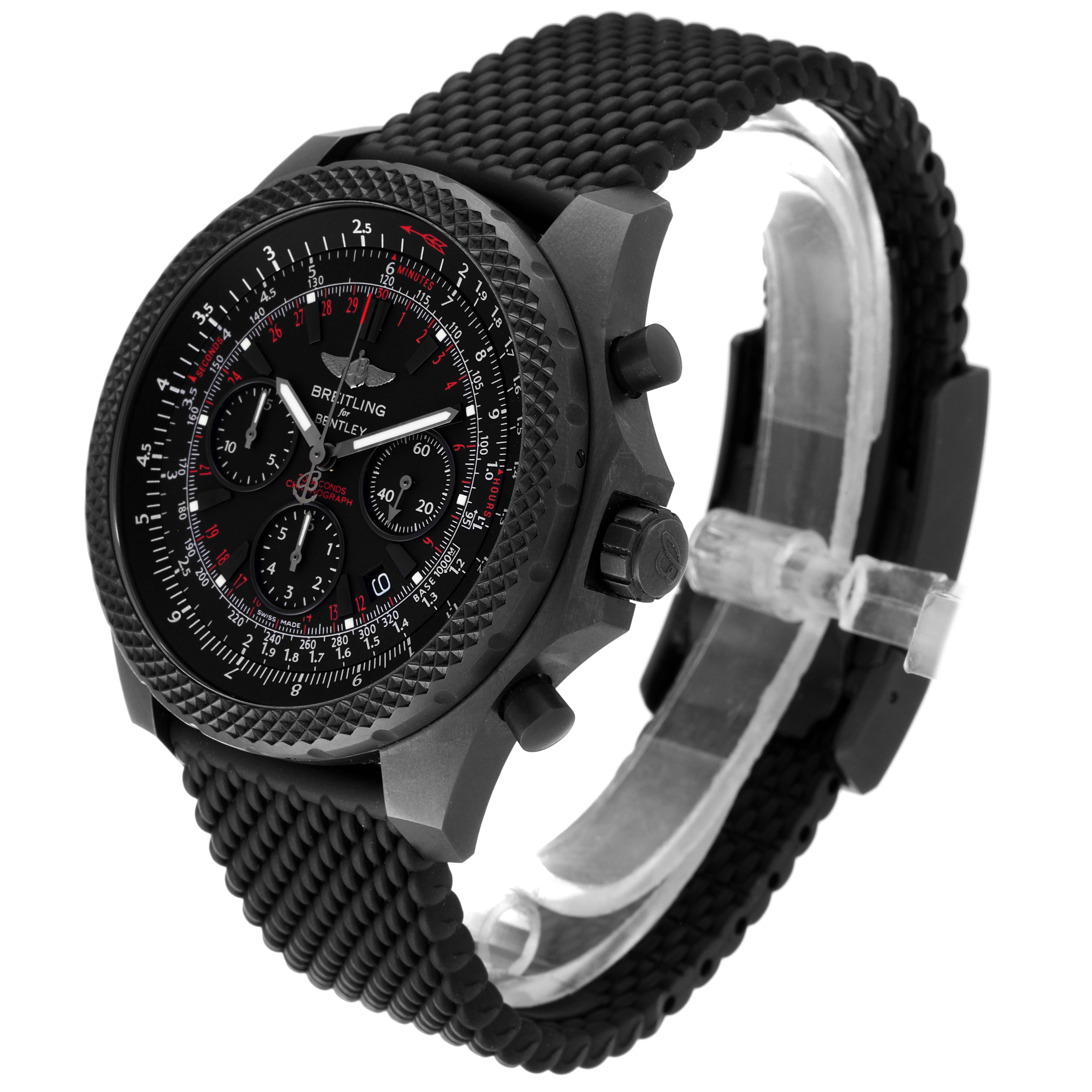 The image shows a side angle view of the Bentley model by Breitling, displaying its dial, bezel, and textured strap.