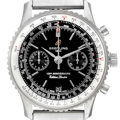 The image shows a front view of the Breitling Navitimer A26322 Men's Stainless Steel Black Dial A26322 Men's Stainless Steel Black Dial watch, displaying its face, dials, and bezel details.