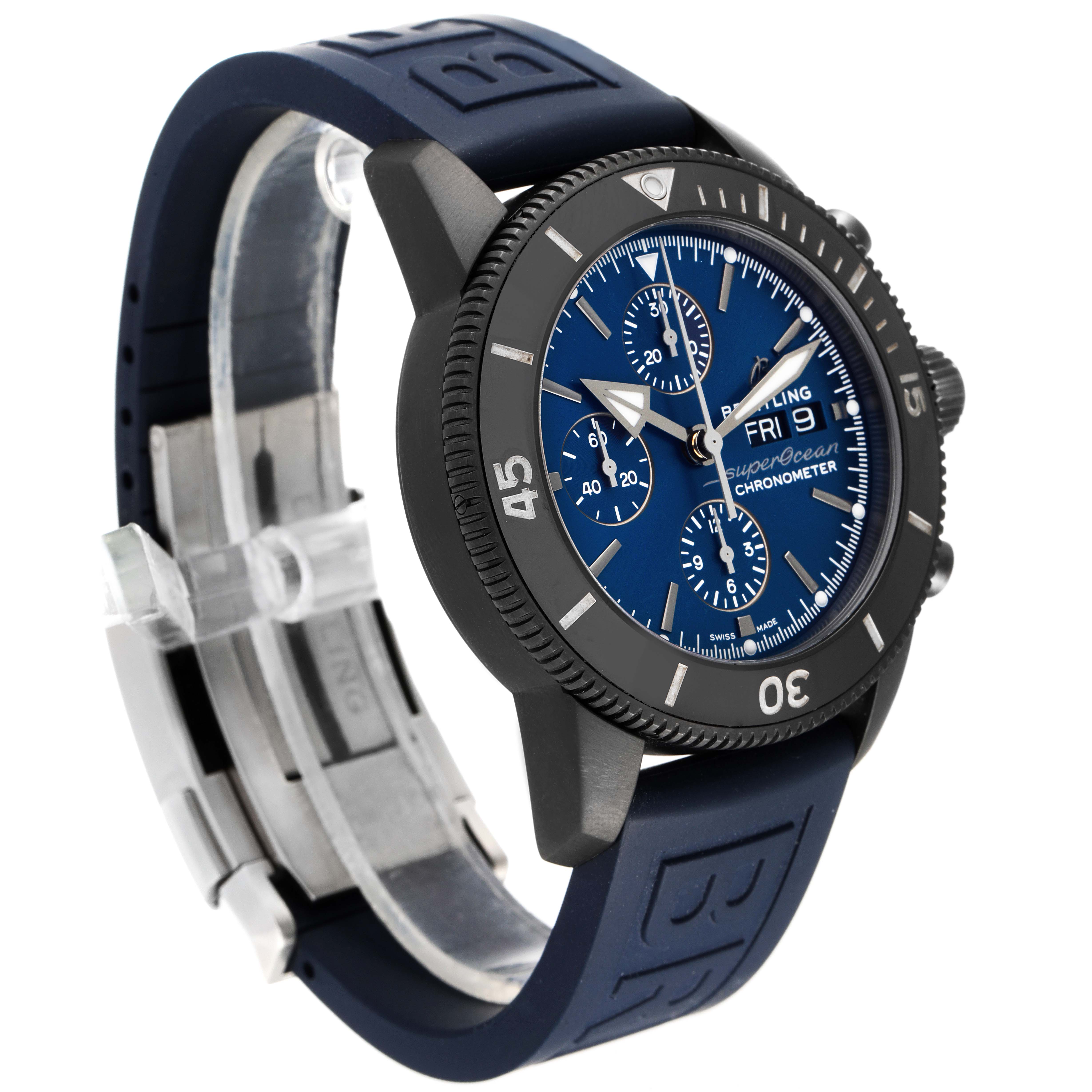 The image shows a Breitling Superocean M13313 Men's Stainless Steel Blue Dial M13313 Men's Stainless Steel Blue Dial watch from a diagonal front angle, highlighting the dial, case, and strap.