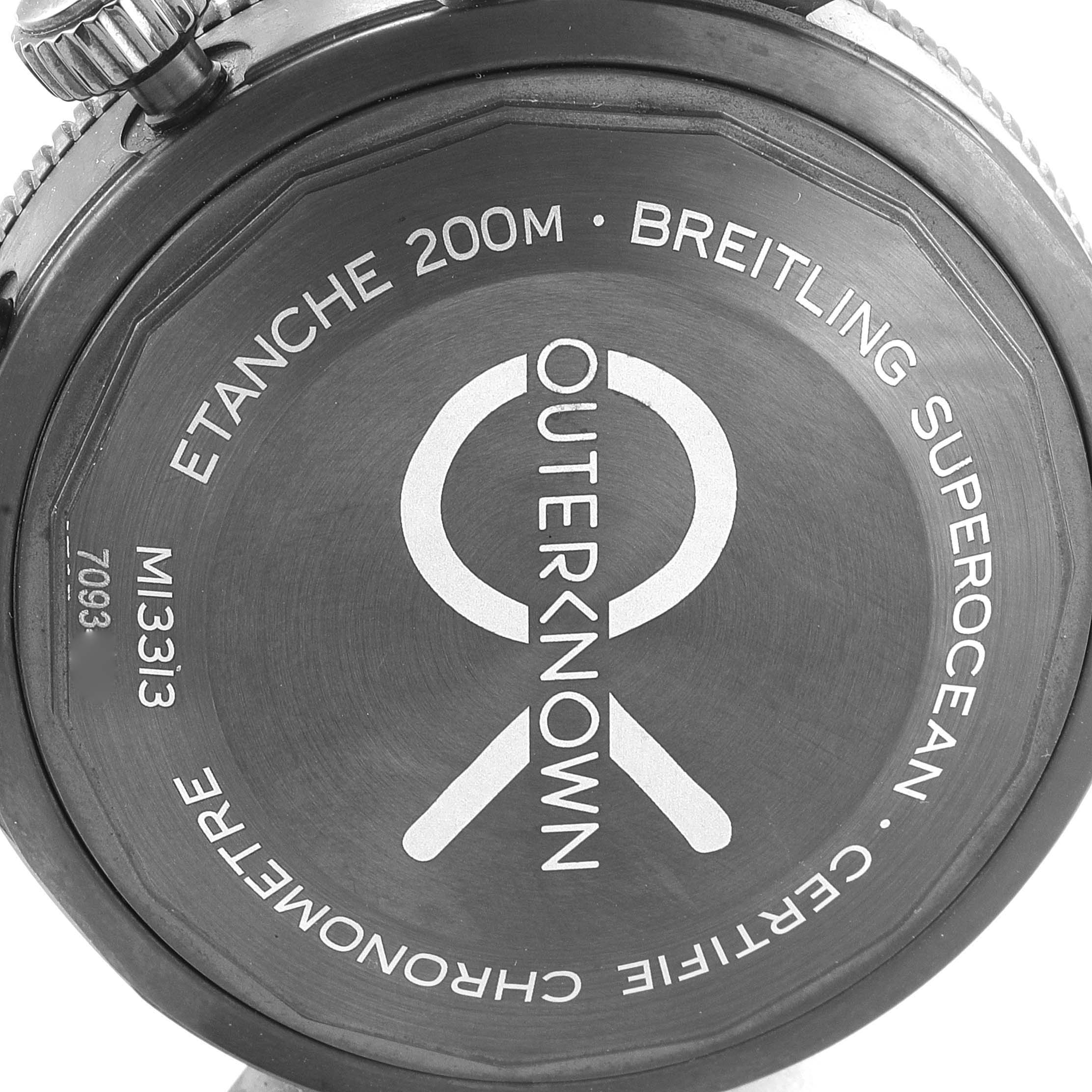 The image shows the back cover of a Breitling Superocean M13313 Men's Stainless Steel Blue Dial M13313 Men's Stainless Steel Blue Dial watch, highlighting the brand, model, and water resistance.