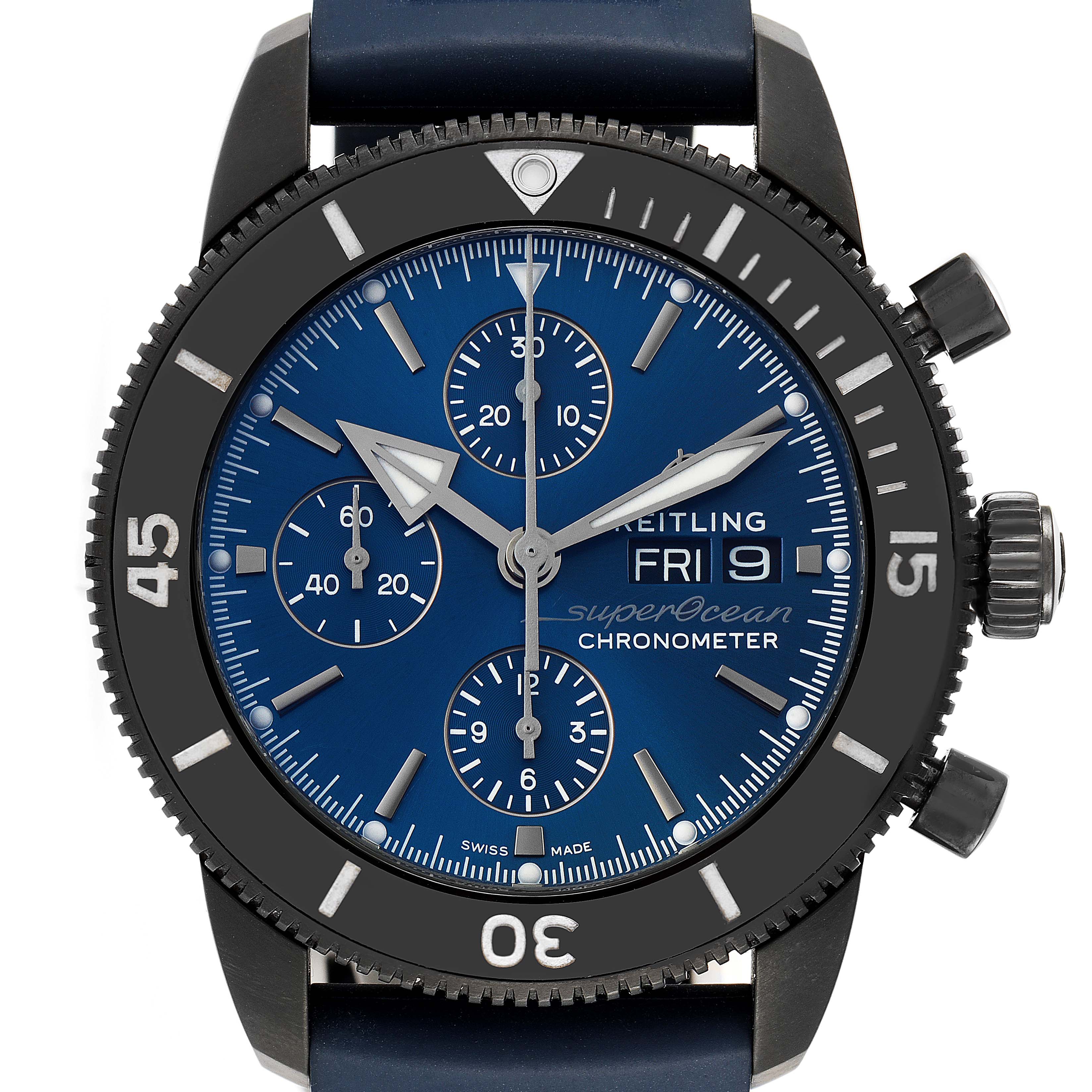 The image shows a close-up view of the dial and bezel of a Breitling Superocean M13313 Men's Stainless Steel Blue Dial M13313 Men's Stainless Steel Blue Dial chronometer watch.