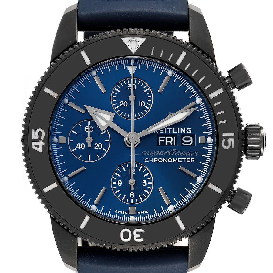 The image shows a close-up view of the dial and bezel of a Breitling Superocean M13313 Men's Stainless Steel Blue Dial M13313 Men's Stainless Steel Blue Dial chronometer watch.