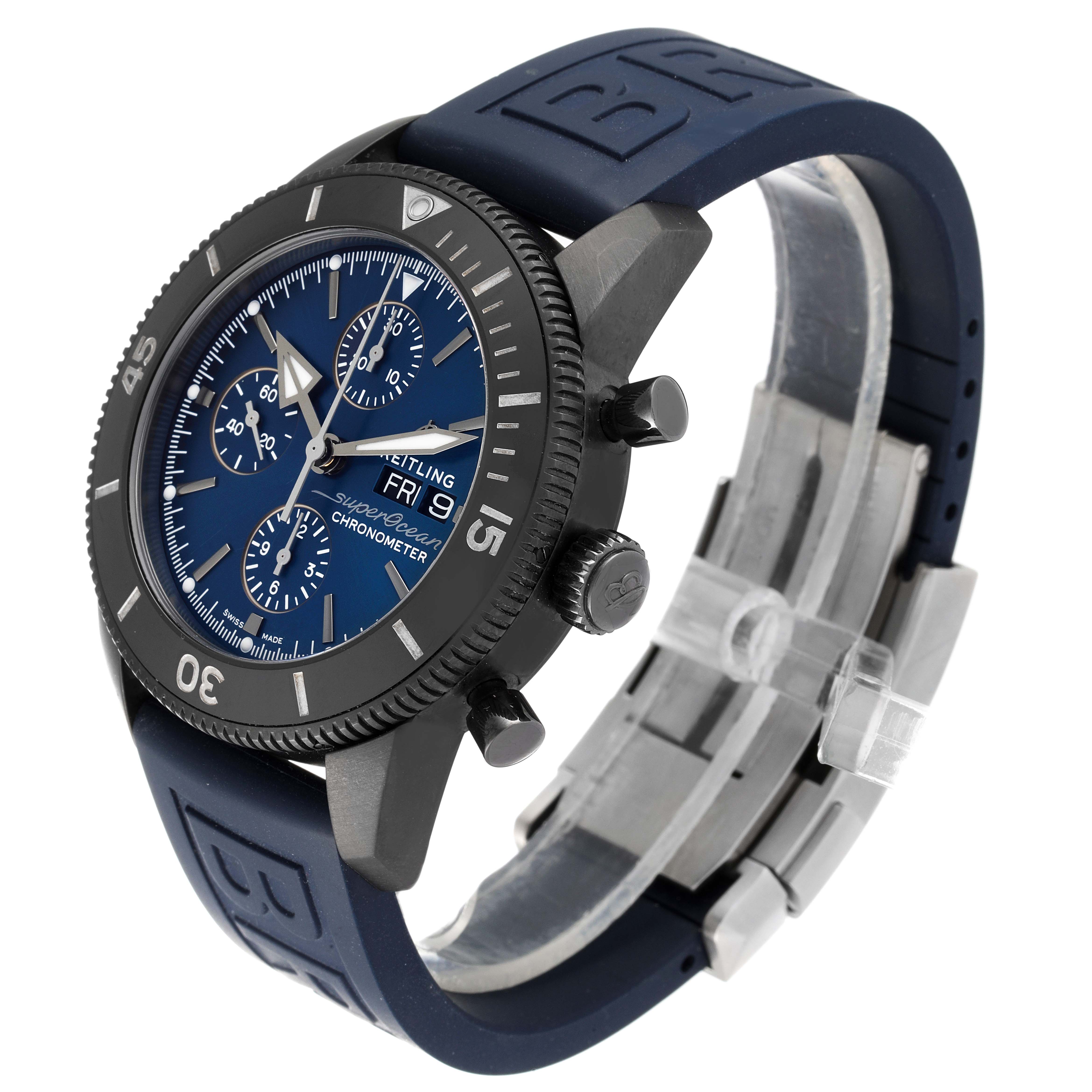 The Breitling Superocean M13313 Men's Stainless Steel Blue Dial M13313 Men's Stainless Steel Blue Dial watch is shown at an angle displaying the face, bezel, crown, pushers, and rubber strap.