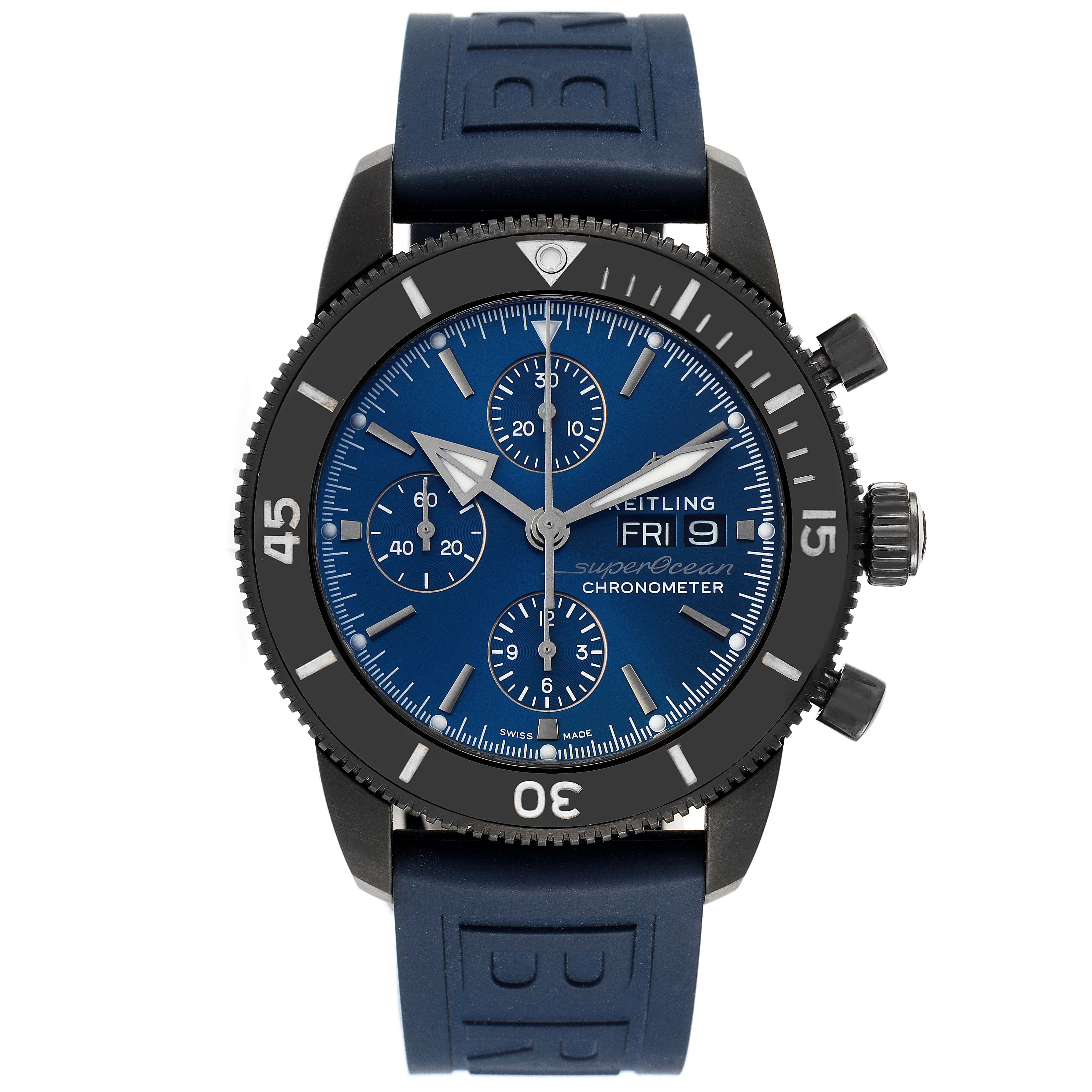 The image shows a front view of a Breitling Superocean M13313 Men's Stainless Steel Blue Dial M13313 Men's Stainless Steel Blue Dial chronometer with its blue dial, bezel, and rubber strap.