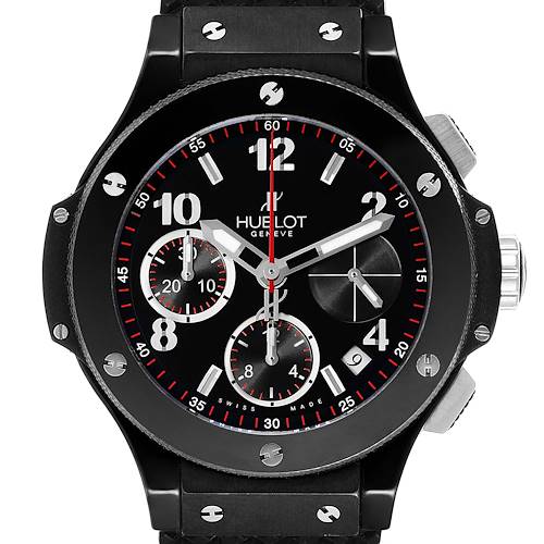 The image shows a front angle of the Hublot Big Bang 342.CX.130.RX Men's Ceramic Black Dial 342.CX.130.RX Men's Ceramic Black Dial watch, displaying its face, bezel, and chronograph subdials.