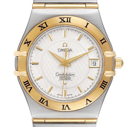 This image shows a front view of the Omega Constellation 1252.30.00 Men's Steel and Gold (two tone) Silver Dial 1252.30.00 Men's Steel and Gold (two tone) Silver Dial watch, highlighting the dial, hands, bezel, and part of the bracelet.
