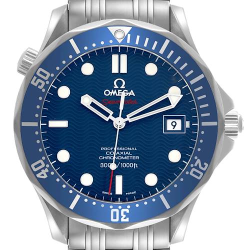 The Omega Seamaster 2220.80.00 Men's Stainless Steel Blue Dial 2220.80.00 Men's Stainless Steel Blue Dial watch is shown from the front, displaying the dial, bezel, and part of the bracelet.
