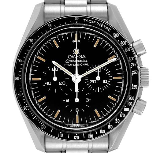 The Omega Speedmaster 3590.50.00 Men's Stainless Steel Black Dial 3590.50.00 Men's Stainless Steel Black Dial watch is shown from a front angle, highlighting the face, bezel, and stainless steel bracelet.