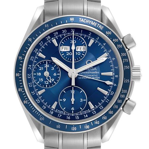The Omega Speedmaster 3222.80.00 Men's Stainless Steel Blue Dial 3222.80.00 Men's Stainless Steel Blue Dial is shown from the front, displaying its dial, tachymeter bezel, pushers, and crown.