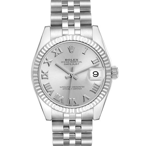 The image displays a front view of the Rolex Datejust Mid-Size watch, showing the dial, bezel, and bracelet.