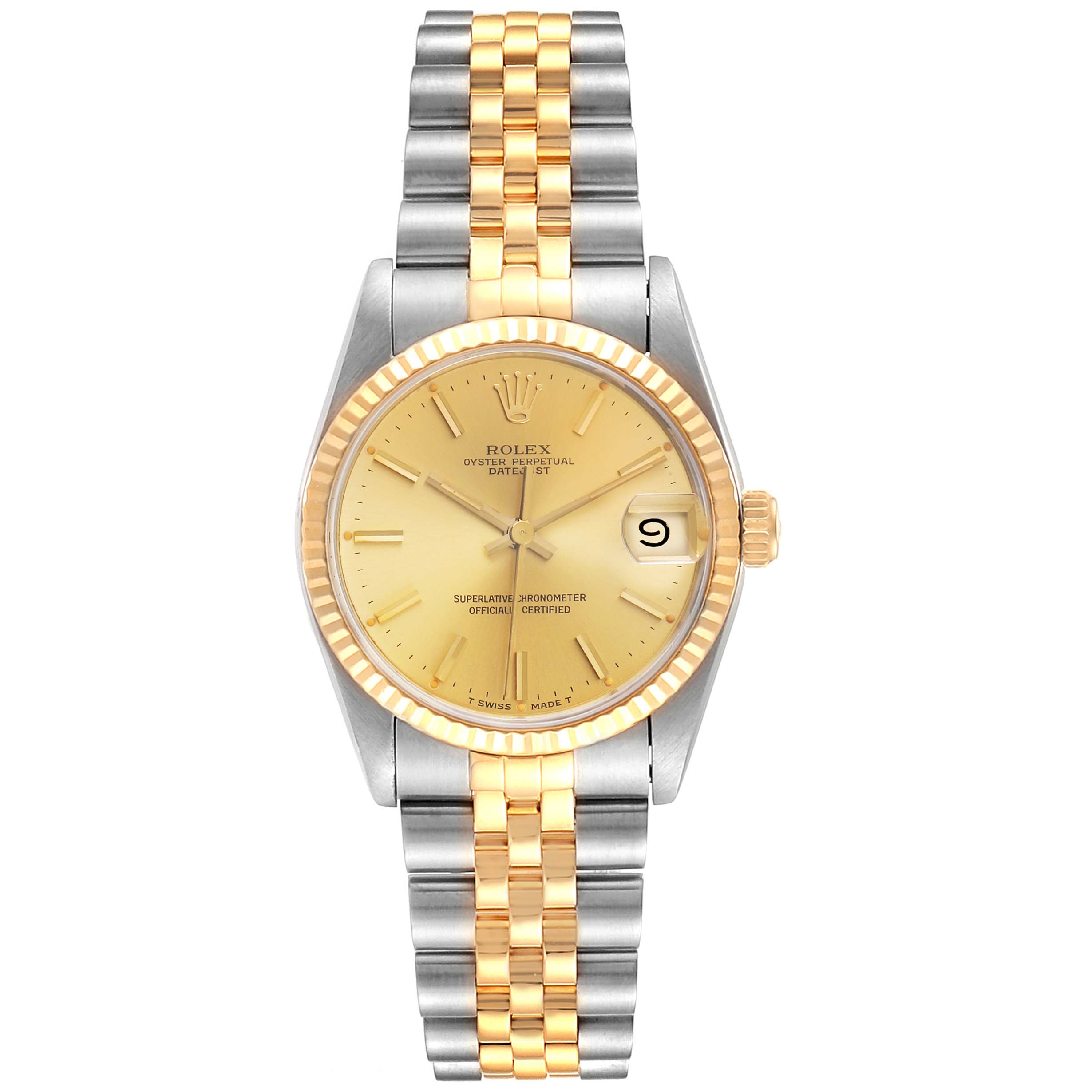This image shows a front view of a Rolex Mid-Size 68273 Women's Steel and Gold (two tone) Champagne Dial 68273 Women's Steel and Gold (two tone) Champagne Dial Datejust watch, displaying the dial, bezel, crown, and bracelet.