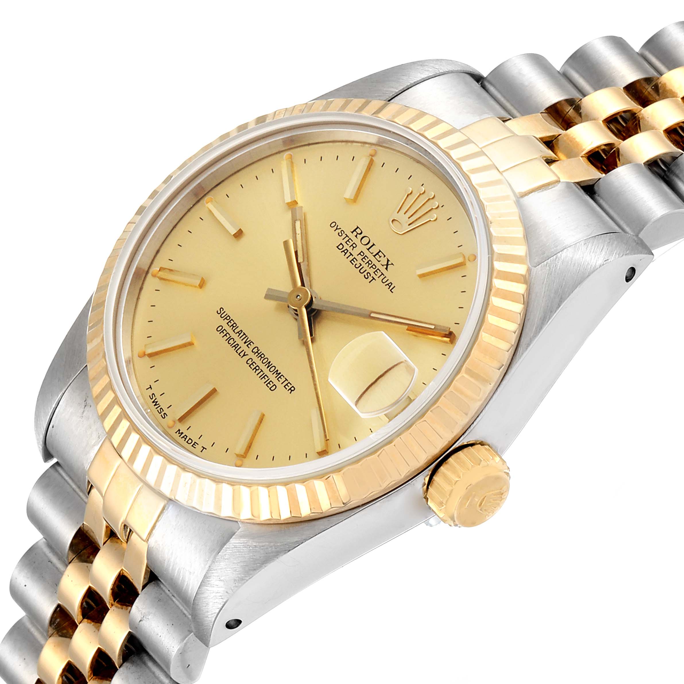 The image shows a close-up angled view of the Rolex Mid-Size 68273 Women's Steel and Gold (two tone) Champagne Dial 68273 Women's Steel and Gold (two tone) Champagne Dial watch, highlighting the dial, bezel, crown, and part of the bracelet.