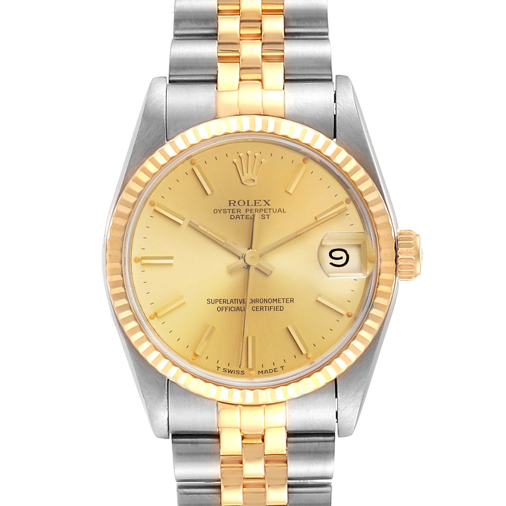 The Rolex Mid-Size 68273 Women's Steel and Gold (two tone) Champagne Dial 68273 Women's Steel and Gold (two tone) Champagne Dial Oyster Perpetual Datejust watch is shown from a front angle, displaying the dial, bezel, and bracelet.